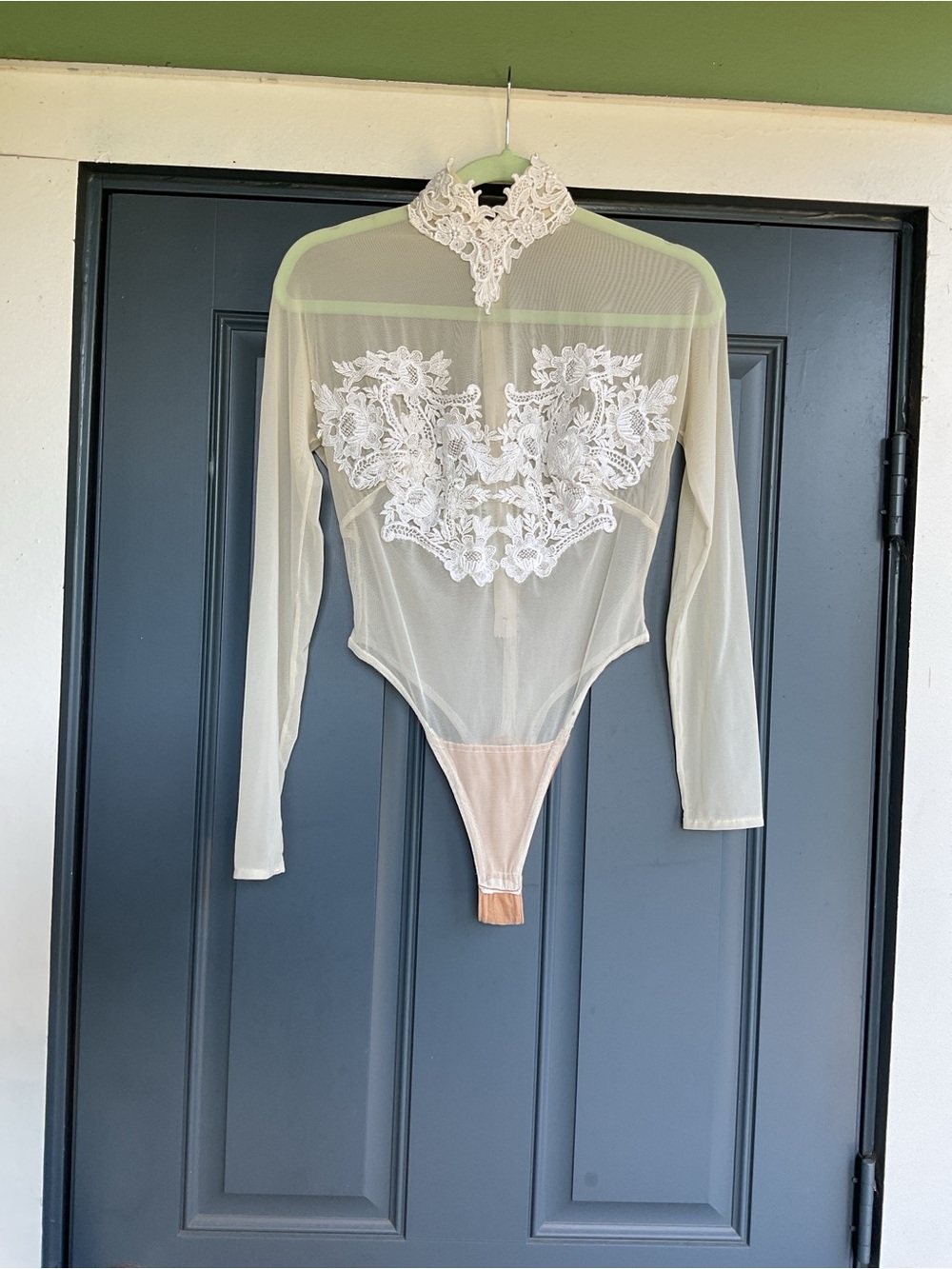 Sheer Lace Appliqué Long Sleeve Bodysuit - Cream